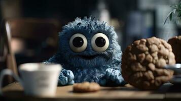 heerlijk koekjes en koffie Aan rustiek jute tafel met schattig blauw monster foto