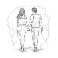 doorlopend lijn kunst tekening van een liefhebbend paar wandelen en Holding handen foto