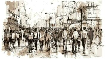stedelijk schetsen van een menigte wandelen panoramisch visie foto