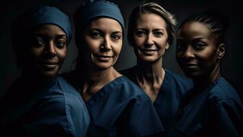 medisch en verpleging personeel met glimlachen Dames in scrubs foto