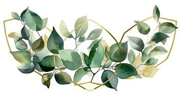 gouden meetkundig kader met groen waterverf eucalyptus bladeren voor bruiloft uitnodigingen foto