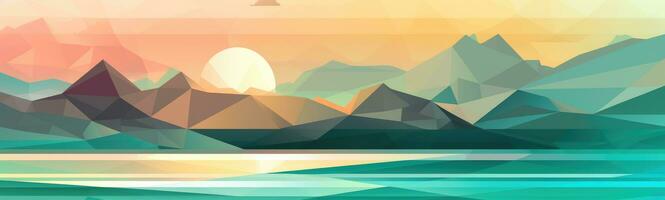 pastel meetkundig bergen en strand met zon behang foto