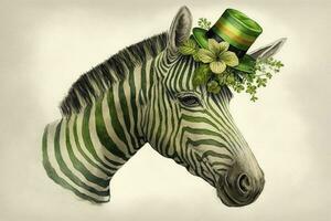 vrolijk zebra vieren st patricks dag met Lucky Klaver hoed en bloemen in waterverf foto