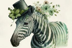 gelukkig st patricks dag zebra met Lucky Klaver hoed en bloemen waterverf kunst foto