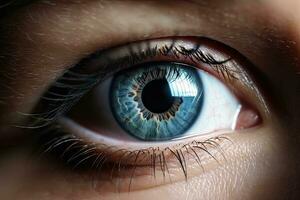 verbijsterend detailopname van een menselijk oog in blauw foto
