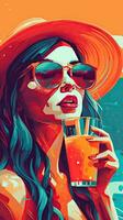stoutmoedig mode illustratie van vrouw nippen drinken van rietje door zwembad foto