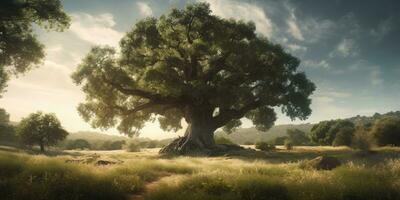 eenzaamheid in natuur een fotorealistisch landschap van een eenzaam groen eik boom foto