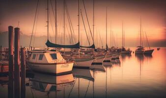 etherisch zonsondergang haven met afgemeerd zeilboten in bardolino Italië foto