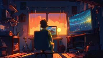 kleurrijk gaming terug visie van een kind spelen video spellen in zijn kamer foto