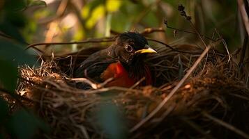 observeren een rode merel nest met kuikens temidden van weelderig vegetatie foto