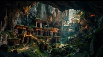 mystiek grotten gesneden in berghelling met weelderig vegetatie en kleurrijk verlichting foto