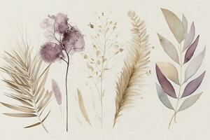 elegant waterverf schilderij van eucalyptus bladeren en pampa gras in beige salie en goud tonen foto