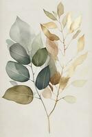 elegant waterverf schilderij van een beige en salie eucalyptus blad foto