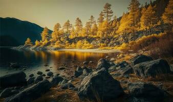 herfst zonsondergang over- pijnboom Woud en rotsachtig kustlijn in altai bergen foto