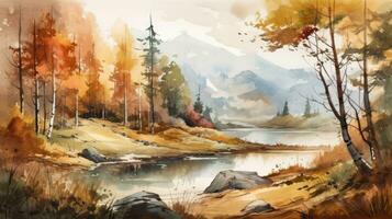 herfst- landschap met bergen bossen en een meer in waterverf foto