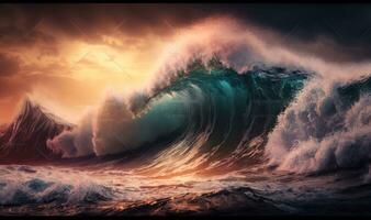 etherisch dageraad zee golven panorama voor dromerig achtergronden generatief ai foto