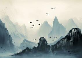 inkt wassen schilderij van bergen met vliegend vogelstand foto