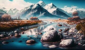 etherisch rivier- vloeiende door stenen in de buurt bergen net zo dromerig achtergrond foto