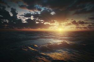 kalmte Bij zee een fotorealistisch zonsondergang lucht over- de oceaan foto