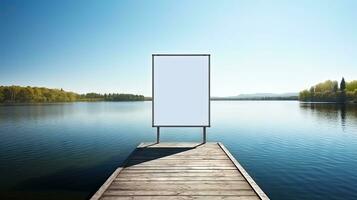 zonnig oever van het meer aanplakbord advertentie met kalmte water foto