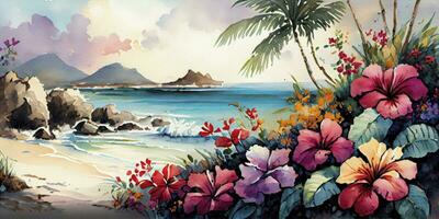 levendig waterverf schilderij van een tropisch paradijs foto
