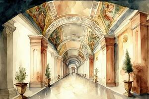 levendig waterverf schilderij van Vaticaan museum interieur foto