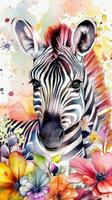 kleurrijk waterverf schilderij van een zoet baby zebra in een bloem veld- voor kunst prints en groet kaarten foto