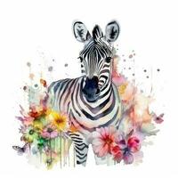 kleurrijk waterverf schilderij van een zoet baby zebra in een bloem veld- voor kunst prints en groet kaarten foto