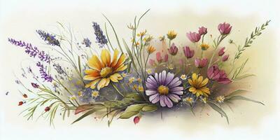 levendig waterverf schilderij van wilde bloemen boeket in weide foto