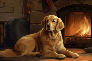 knus winter tafereel met een resting gouden retriever door de haard foto