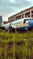 verlaten luchthaven in verval met overwoekerd gras en afbrokkelen gebouwen generatief ai foto