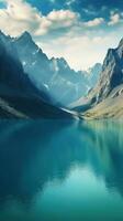 adembenemend visie van turkoois blauw meer en torenhoog bergen ai gegenereerd foto