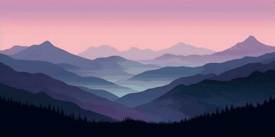 berg landschap met lavendel lucht Bij schemer ai gegenereerd foto