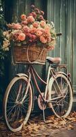 wijnoogst fiets met bloem mand ai gegenereerd foto