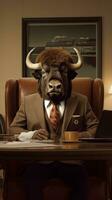 buffel in een bedrijf pak in een prairiethema kantoor ai gegenereerd foto