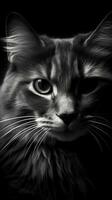 katachtig noir een zwart en wit kat Aan een donker achtergrond in vol focus generatief ai foto