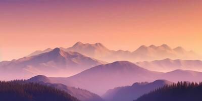 peachy oranje en lavendel minimalistische berg landschap behang ai gegenereerd foto