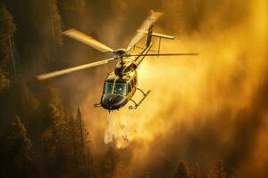 helikopter vechten Woud brand met water laten vallen foto