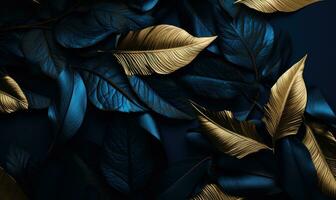 blauw bladeren met goud accenten Aan zwart achtergrond ai gegenereerd foto