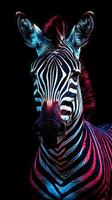 levendig zebra in knal kunst stijl Aan donker achtergrond ai gegenereerd foto