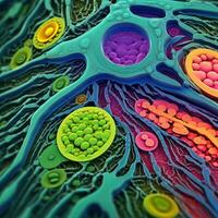 binnen een fabriek cel een levendig visie van chloroplasten onder een elektron microscoop generatief ai foto