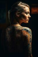 kleurrijk tatoeëren kunst gedrukt Aan een mooi godin terug generatief ai foto
