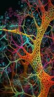 levendig kleuren van microscopisch zenuw cellen bekeken door een elektron microscoop generatief ai foto