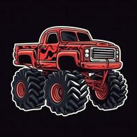 rood monster vrachtauto sticker grafisch met wit grens en zwart contour Aan een gemakkelijk tekenfilm ontwerp achtergrond foto