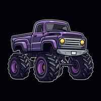 Purper monster vrachtauto sticker grafisch met wit grens schets foto