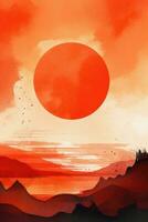 oranje retro zonsondergang abstract waterverf schilderij generatief ai foto
