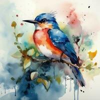 een sereen waterverf schilderij van een vogel neergestreken Aan een boom Afdeling generatief ai foto
