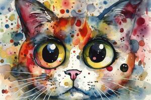 grillig waterverf schilderij van een kat met enorm googlen ogen perfect voor kinderen boek illustraties generatief ai foto