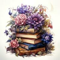 magisch boek stack met bloemen en waterverf clip art ai gegenereerd foto