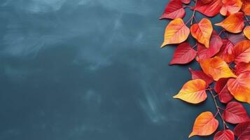 herfst bladeren Aan blauw leisteen achtergrond top visie ai gegenereerd foto